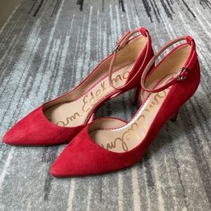 Sexy red suede ankle-strap pumps, in amazing shape